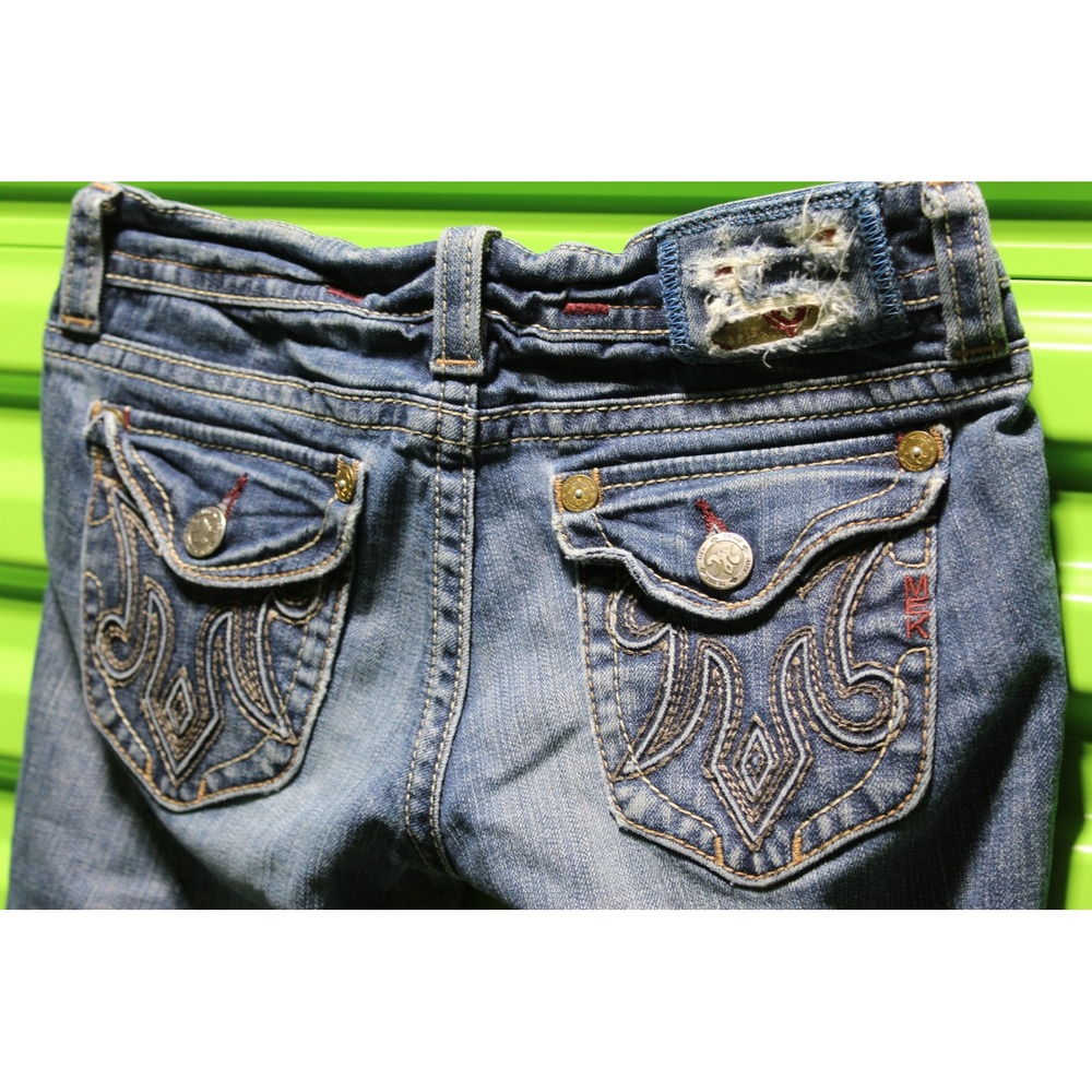 MEK Denim Dublin Bootcut Jeans Blue Distressed Embroidered Flap Pocket 27x34